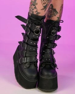 Pleasers Demonia Matte Black Studded Mid-Calf Platform Boots