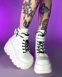 Pleasers Demonia White Stacked Wedge Platform Ankle Boots