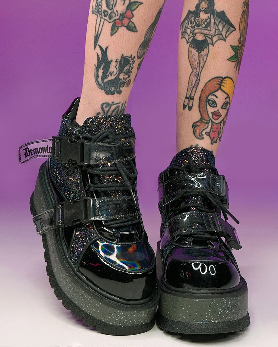 Pleasers Demonia Slacker Black Glitter Ankle Boots 4 Pleasers Demonia Slacker Black Glitter Ankle Boots - Image 2