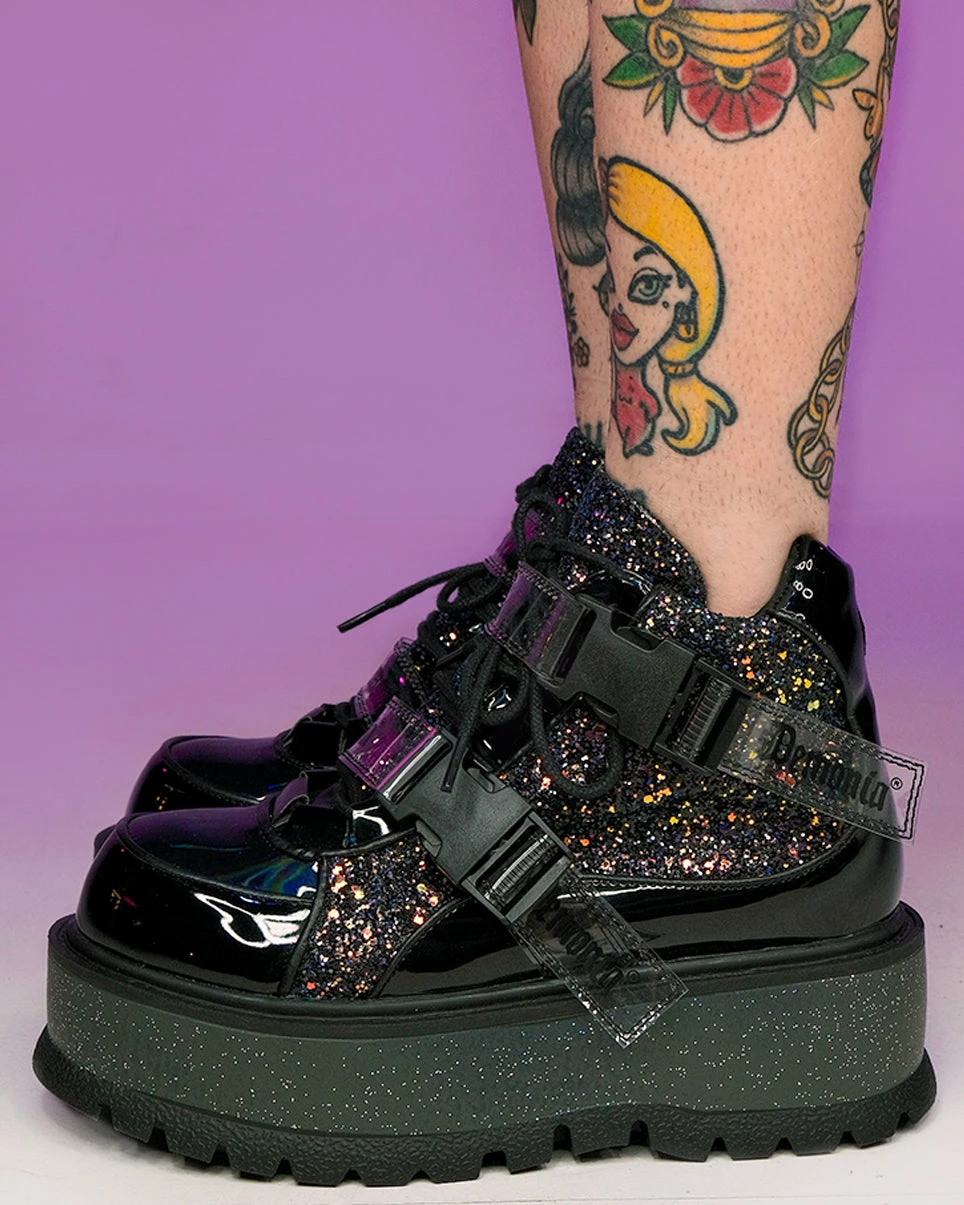 Pleasers Demonia Slacker Black Glitter Ankle Boots 3 Pleasers Demonia Slacker Black Glitter Ankle Boots