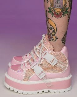 Pleasers Demonia Slacker Holo Pink Ankle Boots