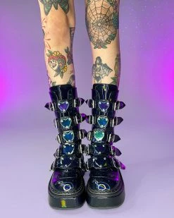 Pleasers Demonia Emily Holo Black Heart-Buckle Boots -ravewonder shop 22 8a8f3544 9a32 4987 82a4 d6c9b4301105