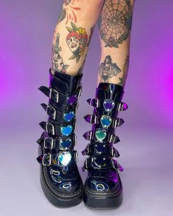 Pleasers Demonia Emily Holo Black Heart-Buckle Boots