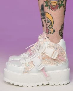 Pleasers Demonia Slacker White Holo Ankle Boots