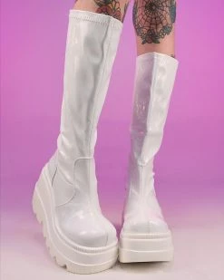 Pleasers Demonia Shaker White Holo Knee High Boots