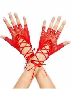 Music Legs Totally Bitchin' Lace-Up Fishnet Gloves -ravewonder shop 413 red med