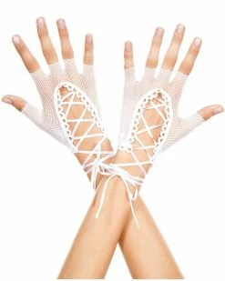 Music Legs Totally Bitchin' Lace-Up Fishnet Gloves -ravewonder shop 413 white med