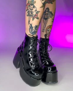 Pleasers Demonia Black Patent Lace-Up Platform Ankle Boots