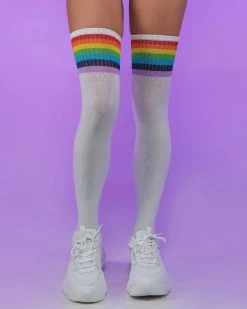 Music Legs Rainbow And White Striped Thigh High Socks