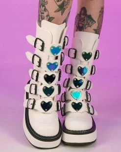 Pleasers Demonia Emily White Heart-Buckle Boots