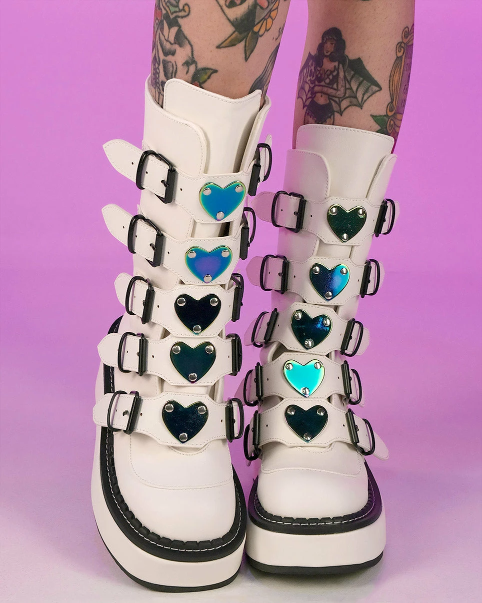 Pleasers Demonia Emily White Heart-Buckle Boots 3 Pleasers Demonia Emily White Heart-Buckle Boots