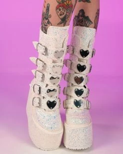 Pleasers Demonia White Multi Glitter Platform Mid-Calf Boots