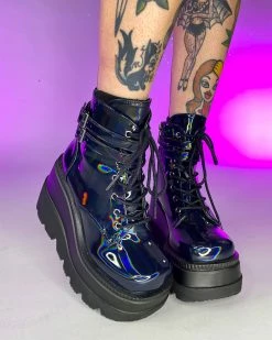 Pleasers Demonia Holographic Black Stacked Platform Ankle Boots