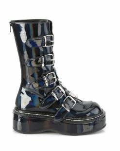 Pleasers Demonia Emily Holo Black Heart-Buckle Boots -ravewonder shop EMILY 330 BHG13