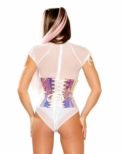 J. Valentine Pink Ice/White Vinyl Holographic Corset Waist Cincher -ravewonder shop FF279 ICE BK