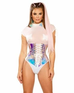 J. Valentine Pink Ice/White Vinyl Holographic Corset Waist Cincher -ravewonder shop FF279 ICE FT