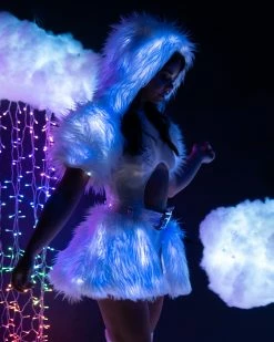 J. Valentine White/Blue LED White Fur Belted Skirt -ravewonder shop FR150 FR151 WBL SIDE
