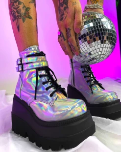 Pleasers Demonia Holo Silver Stacked Platform -ravewonder shop IRISHOE