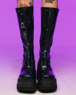 Pleasers Demonia Shaker Black Holo Knee High Boots -ravewonder shop RW 071422 183