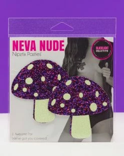 Neva Nude Alice Down The Rabbit Hole Yellow With Purple Glitter UV Blacklight Shroom Pasties