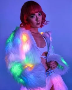 J. Valentine Multi-Color LED White Furry Cropped Hooded Jacket