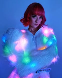 J. Valentine Multi-Color LED White Furry Cropped Hooded Jacket -ravewonder shop RW 121322 257