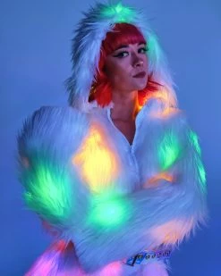 J. Valentine Multi-Color LED White Furry Cropped Hooded Jacket -ravewonder shop RW 121322 276