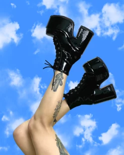 Pleasers Demonia Black Patent Lace-Up Platform Ankle Boots -ravewonder shop SHOESMOBILEcopy2