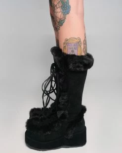 Pleasers Demonia Black Winter Solstice Faux Fur Boots