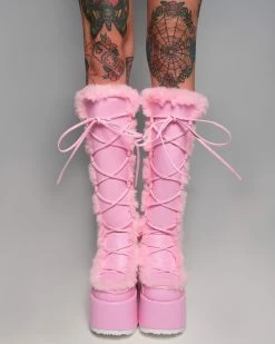 Pleasers Demonia Pastel Pink Furry Winter Faux Fur Boots -ravewonder shop Shoes 48