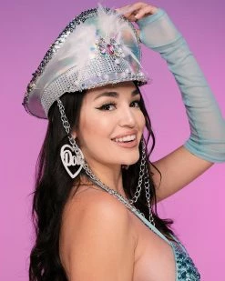 KBW Pearl & Chain Silver Captain Hat -ravewonder shop h3