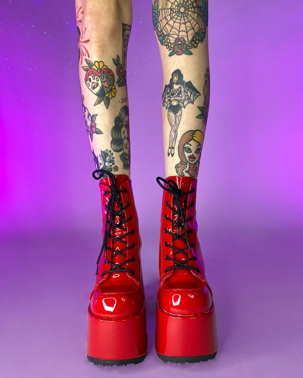 Pleasers Demonia Red Patent Chunky Lace-Up Boots 4 Pleasers Demonia Red Patent Chunky Lace-Up Boots - Image 2