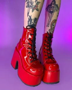 Pleasers Demonia Red Patent Chunky Lace-Up Boots