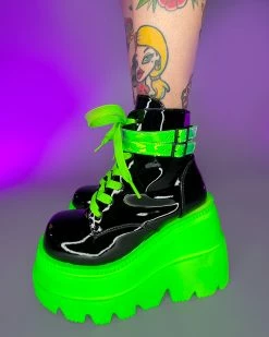 Pleasers Demonia Neon Green Wedge Platform Lace-Up Front Ankle Boot